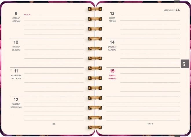 Spiraalvormige 18-maanden agenda Petito – Paarse bloemen 2024/2025, 13 × 18 cm