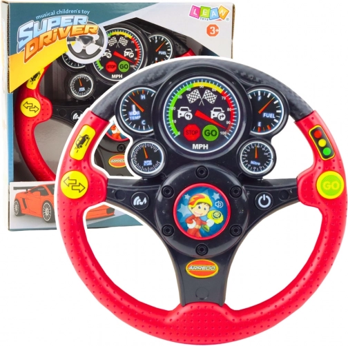Interactive kids' steering wheel with sound, light, and vibration effects - red