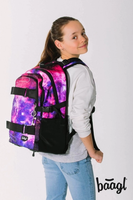 Baagl 5-teiliges Set Skate Galaxy: Rucksack, Federmäppchen, Beutel, Mappe, Geldbörse