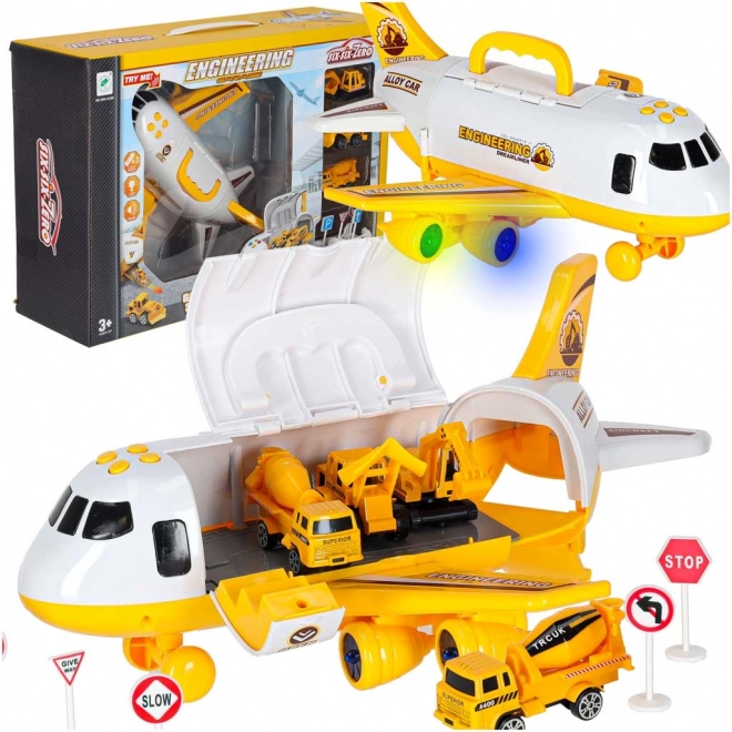 Avion de transport pliable avec véhicules de chantier, lumières et sons