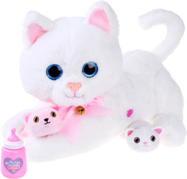 Interactive Plush Cat with Kittens and Bottle – White