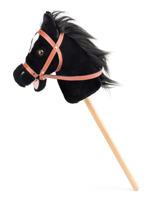 Cheval-bâton Baron, cheval en peluche noir sur bâton avec sons