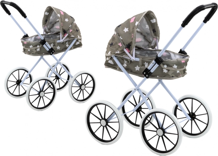 Poussette pour poupées avec grandes roues et capote pliable - gris avec étoiles et nuages