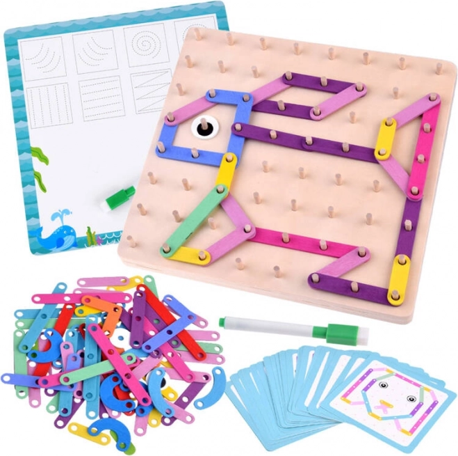 Montessori wooden mosaic with colored sticks and double-sided wipe-clean board