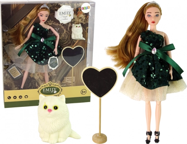 Doll Emily with a white kitten and wooden heart