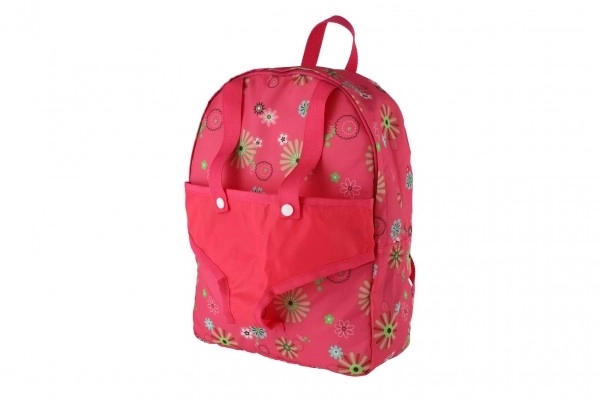Roze rugzak met draagzak voor pop met bloemenpatroon