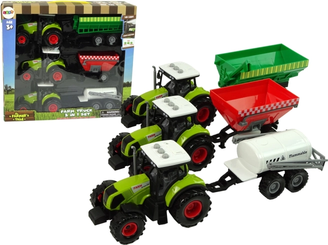 set van drie tractoren met aanhangwagens en sproeier – landbouwmachines voor kinderen