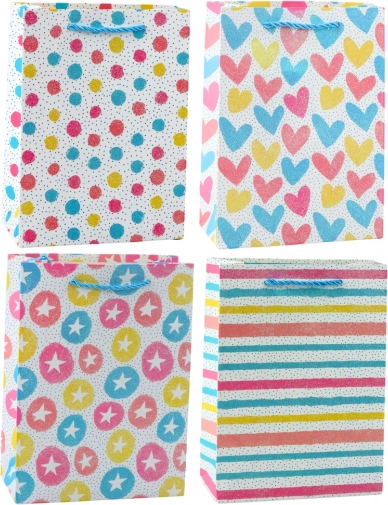 Sac cadeau coloré cœurs, étoiles, pois, rayures