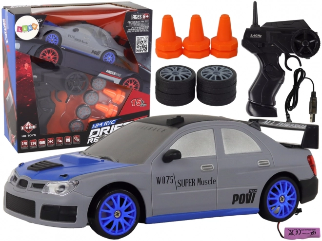 Remote controlled sports car R/C 1:24 interchangeable wheels – grey