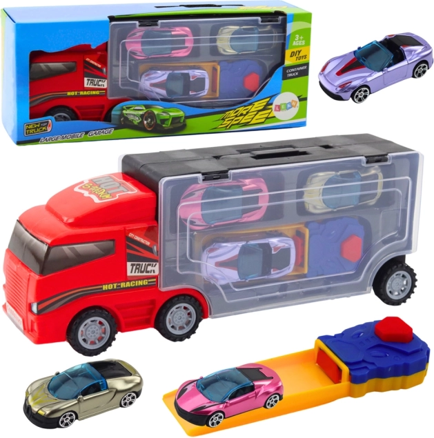 Rode vrachtwagen met mobiele garage en lanceerinrichting + 3 autootjes