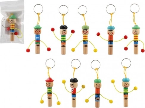 Houten sleutelhanger mannetje met fluitje 8 cm, mix varianten