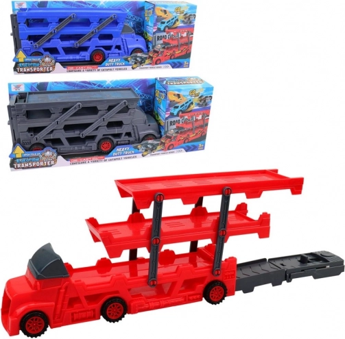 Red cargo truck with transporter and race track