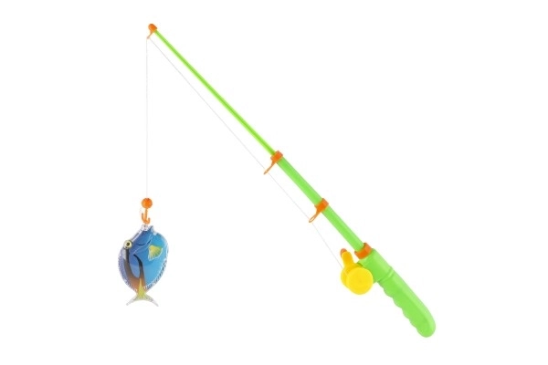 Speelgoed vissen/magneet hengel plastic 5st + hengel plastic 39cm 2 kleuren op kaart