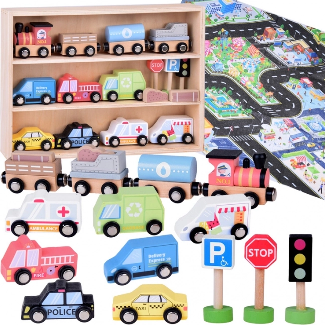 Set of Wooden Cars with Traffic Signs and Play Mat