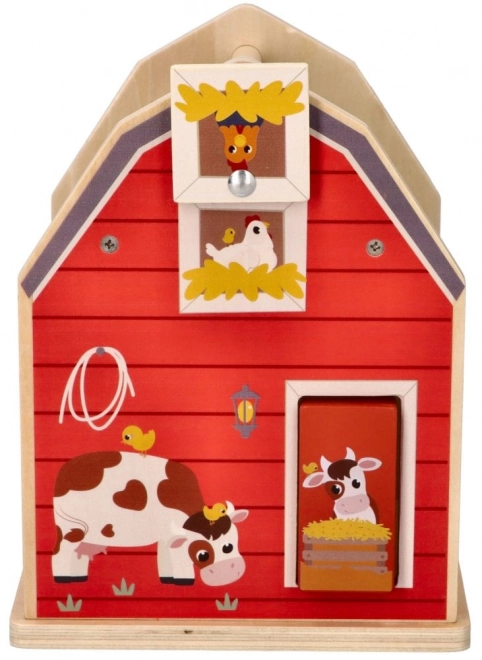 Houten boerderij-opbergbox met vormen
