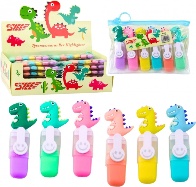 Set mini markeerstiften met dinosaurusclips in etui, 6 stuks