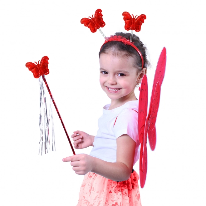 Rote Schmetterlingsflügel mit Stirnband und Zauberstab für Kinder