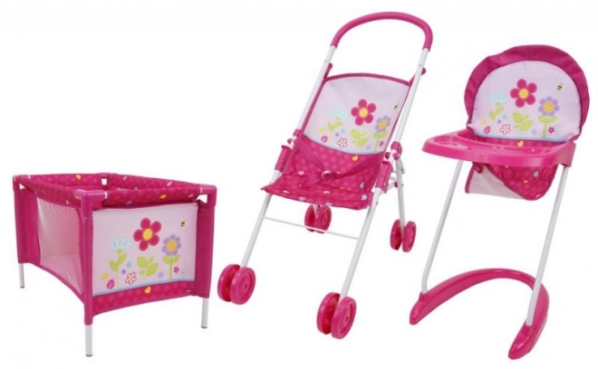 3-delige speelgoedset, kinderwagen, stoel en wieg - Bloemen