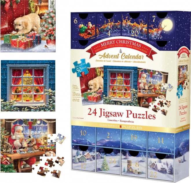 Adventskalender met Puzzel Eurographics 24 x 50 Stuks – Vrolijk Kerstfeest