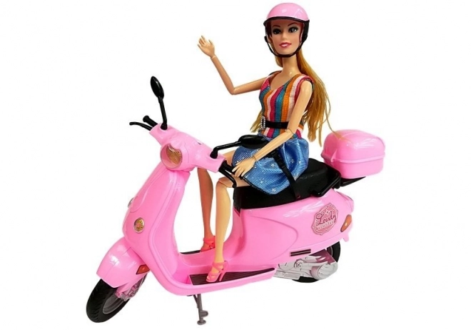 Doll on Pink Scooter with Helmet, Long Hair
