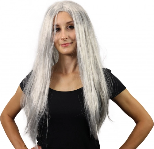 zilveren heksenpruik met lang haar