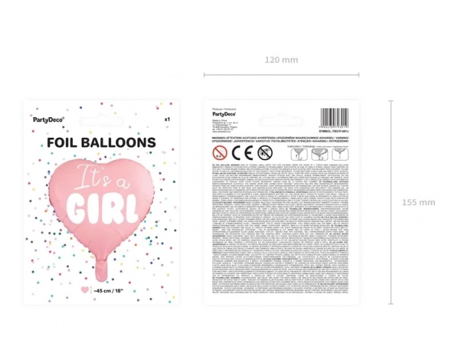Foil balloon It's a Girl pink heart 45 cm