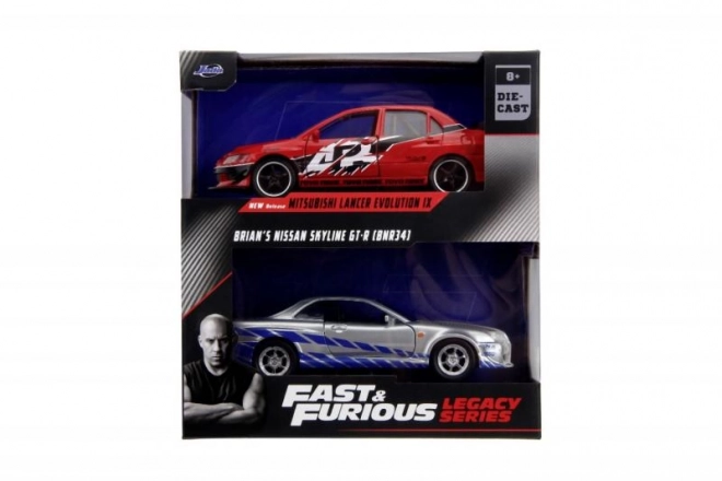 Fast en Furious Twin Pack 2006 Mitsubishi Lancer Evo IX + Brian's 2002 Nissan Skyline GTR R34, 1:32 Wave 4/2