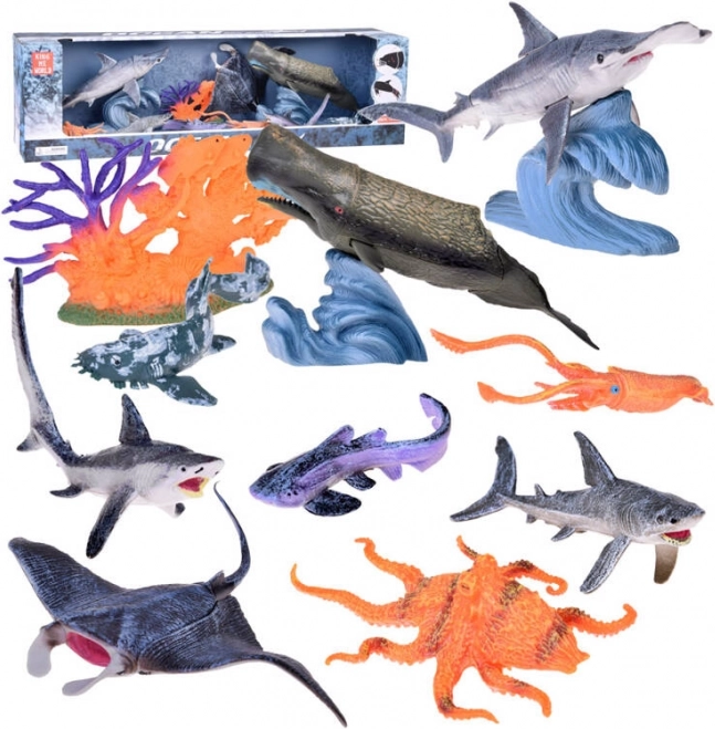 Set realistische zeedieren – figuren manta, potvis, pijlinktvis, haaien en meer