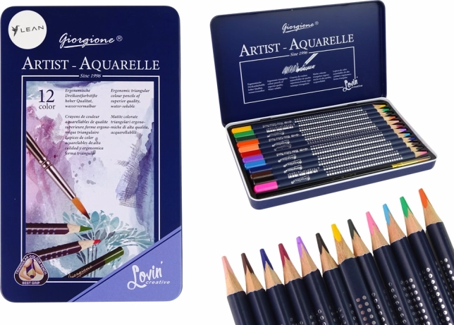 Set van 12 aquarelpotloden in metalen etui