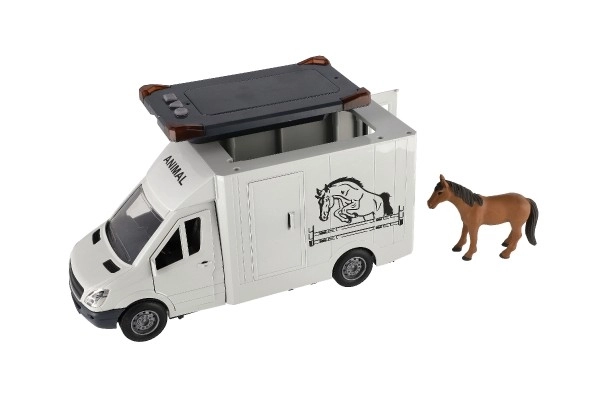 Auto transporteur dieren plastic 28cm met paarden op vliegwiel met licht met geluid grijs in doos 39x18cm