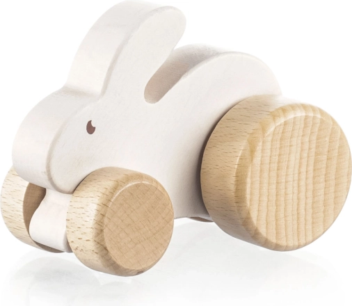 Houten rijdend konijntje op wieltjes