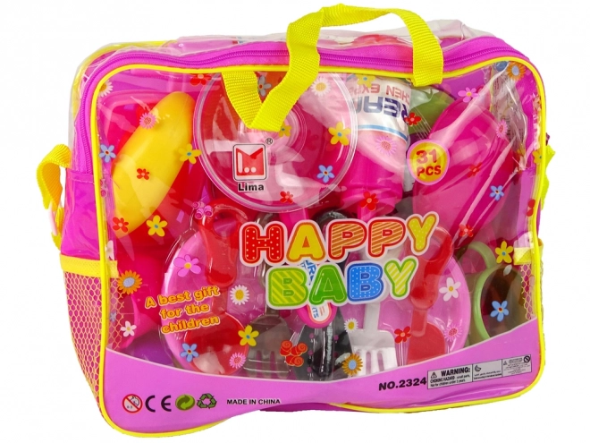 Pink Tableware Set in Bag, 31 Pieces