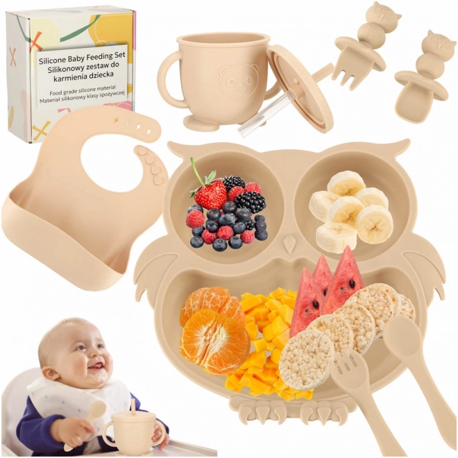 Siliconen babyset uil, 8 stuks, beige