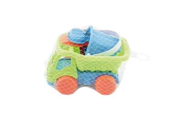 Auto voor zand met accessoires plastic 16cm 2 kleuren in net