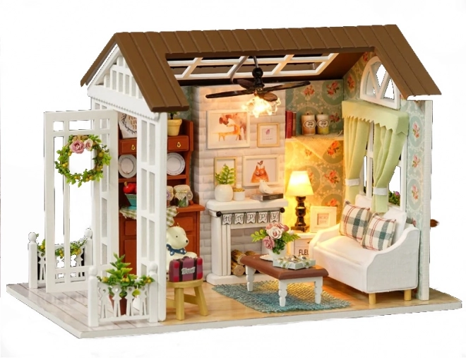 Houten poppenhuis - woonkamer model met LED