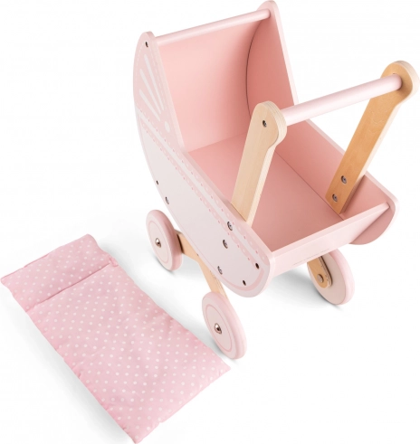 Rosa Holzpuppewagen mit Bettzeug