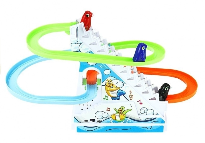 Pinguïns op roltrappen met licht en melodieën