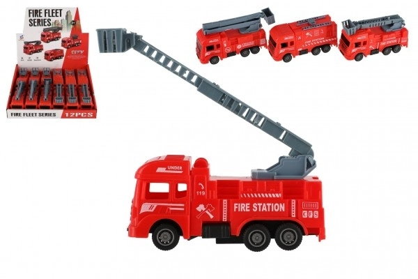 Brandweerauto kunststof 11cm met terugtrekmechanisme 4 soorten 12 stuks in doos