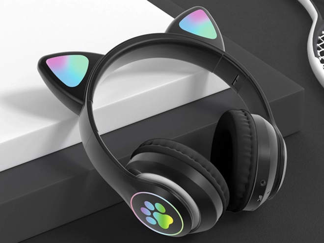 Wireless headphones bluetooth radio fm mp3 cat ears led backlight – Black