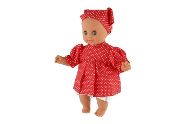 Poupée/Bébé Hamiro 30cm, corps en tissu robe rouge + pois blancs + foulard dans boîte 20x35x13cm