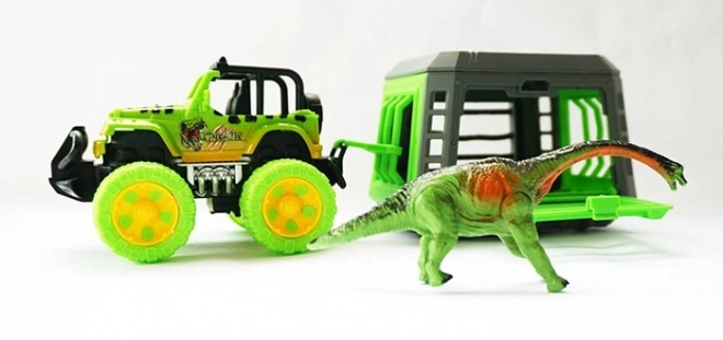 Jeep met trailer en dinosaurus
