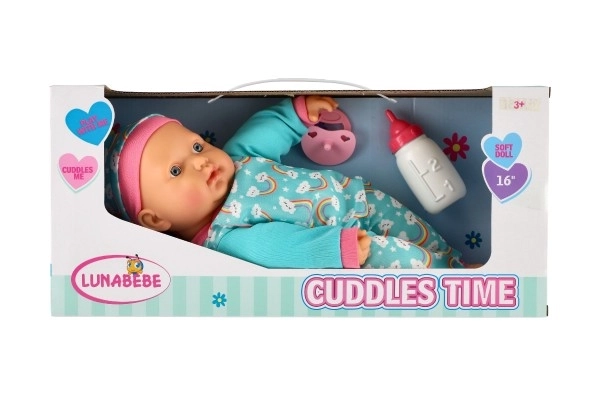 Poppenbaby 40cm zacht lichaam met flesje en fopspeen in doos 41x19x12,5cm