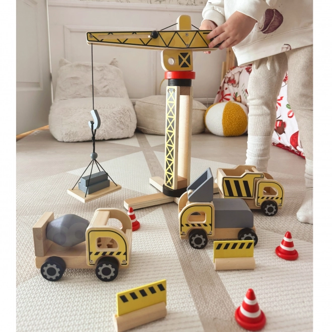 Houten bouwset 5v1 met kraan en bouwvoertuigen WOOPIE GREEN