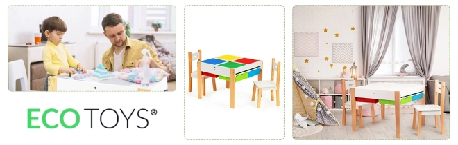 ECOTOYS Houten speeltafel voor kinderen met speeltafelblad en twee stoeltjes