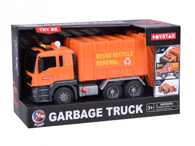 Grote vuilniswagen met containers, geluiden en lichten