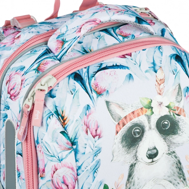 Schooltas met wasbeer en bloemenpatroon