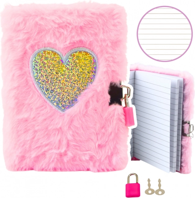 Plush Diary with Lock, Pink Heart A6, 80 Sheets
