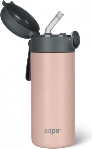 Kinder-Thermoflasche mit Trinkhalm und Silikonschlaufe 350 ml – Candy Pink