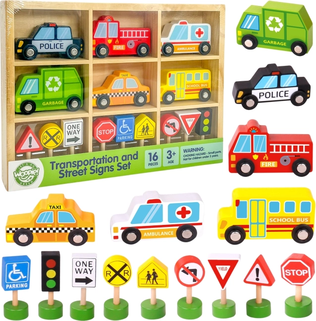 Woopie Green houten set voertuigen en verkeersborden, 15 stuks