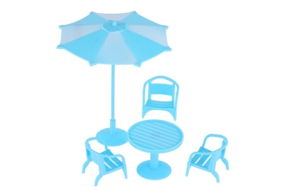 Meubles pour poupées/table et chaises avec parasol en plastique 3 couleurs sur carte 18x25x5cm